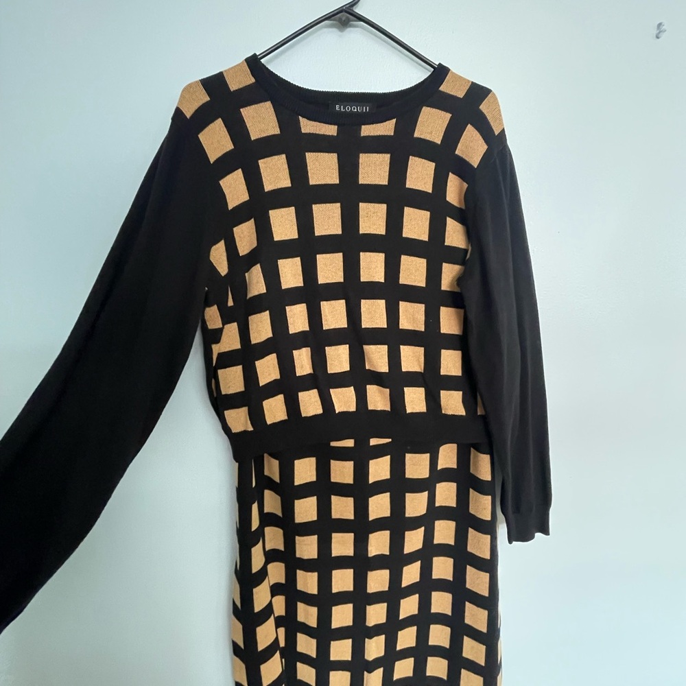 Eloquii Black and Tan Checkered Sweater Skirt Set - Picture 3 of 5